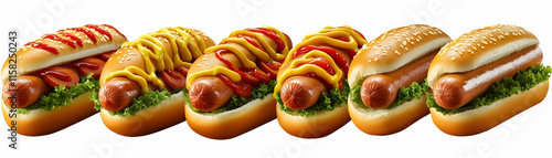 Appetizing Hot Dog Food Photography Image: A Delicious Row of Classic Hot Dogs Topped with Ketchup and Mustard photo