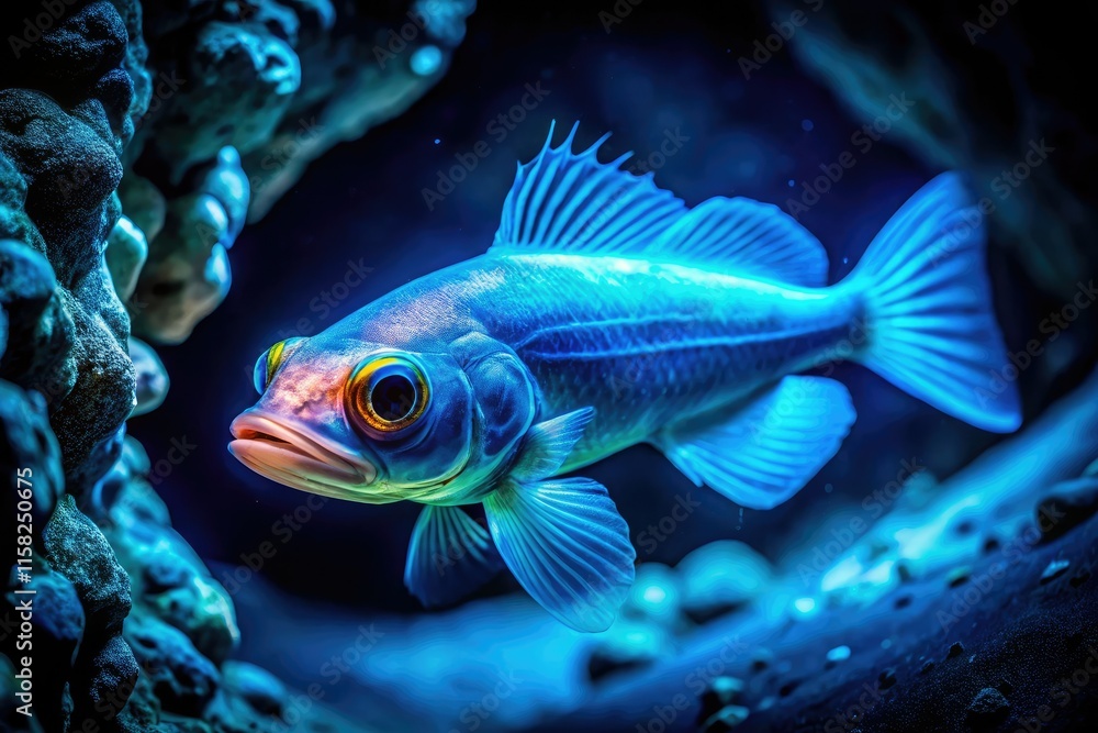 Gloweel, a bioluminescent abyssal fish, captured in a candid underwater photograph showcasing marine life photography. Gloweel, a bioluminescent abyssal fish, captured in a candid underwater photograph showcasing marine life photography.