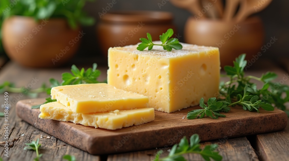 Rustic Cheese Block with Fresh Herbs on Wooden Cutting Board