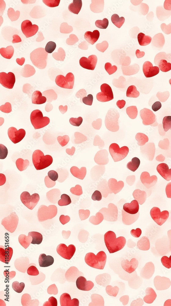 Romantic watercolor heart pattern with red pink motif on soft pastel background Romantic watercolor heart pattern with red pink motif on soft pastel background