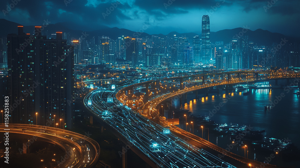 Fototapeta premium Smart Innovation city with connection cyber security network reciprocity over the night cityscape future wireless digital city and social media networking systems that connects people in the city