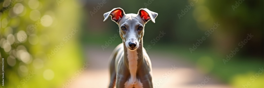 An Italian Greyhound puppy with captivating eyes stands in a blurred natural setting ready for an adventure a portrait of elegance and innocence An Italian Greyhound puppy with captivating eyes stands in a blurred natural setting ready for an adventure a portrait of elegance and innocence