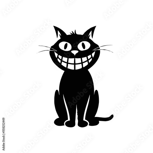 black cat cartoon with a huge absurd smile illustration vector character sitting alone portrait of one
