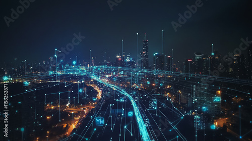 Wallpaper Mural Smart Innovation city with connection cyber security network reciprocity over the night cityscape future wireless digital city and social media networking systems that connects people in the city Torontodigital.ca