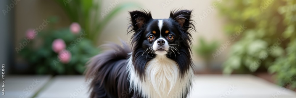 Captivating Portrait of a Japanese Chin with Striking Black and White Fur and Expressive Eyes Adorning a Garden Setting Captivating Portrait of a Japanese Chin with Striking Black and White Fur and Expressive Eyes Adorning a Garden Setting