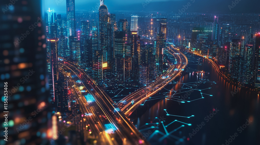 Fototapeta premium Smart Innovation city with connection cyber security network reciprocity over the night cityscape future wireless digital city and social media networking systems that connects people in the city