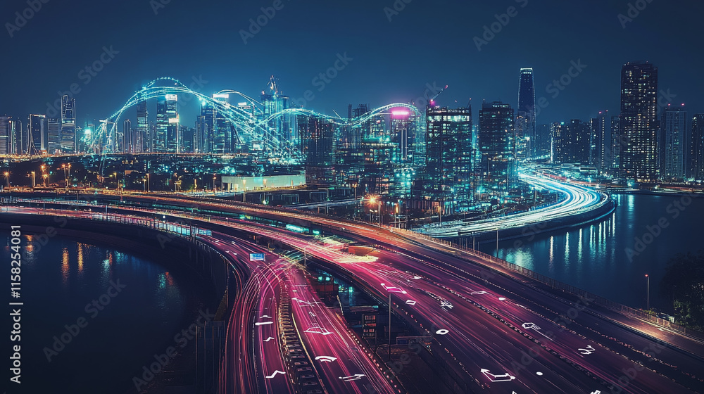Smart Innovation city with connection cyber security network reciprocity over the night cityscape future wireless digital city and social media networking systems that connects people in the city Smart Innovation city with connection cyber security network reciprocity over the night cityscape future wireless digital city and social media networking systems that connects people in the city