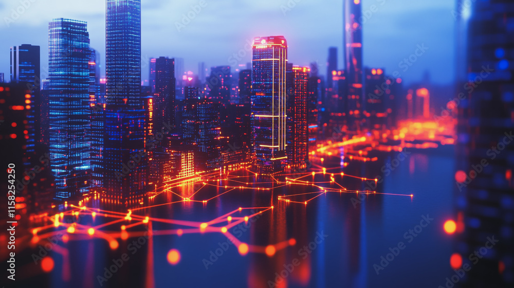 Smart Innovation city with connection cyber security network reciprocity over the night cityscape future wireless digital city and social media networking systems that connects people in the city Smart Innovation city with connection cyber security network reciprocity over the night cityscape future wireless digital city and social media networking systems that connects people in the city