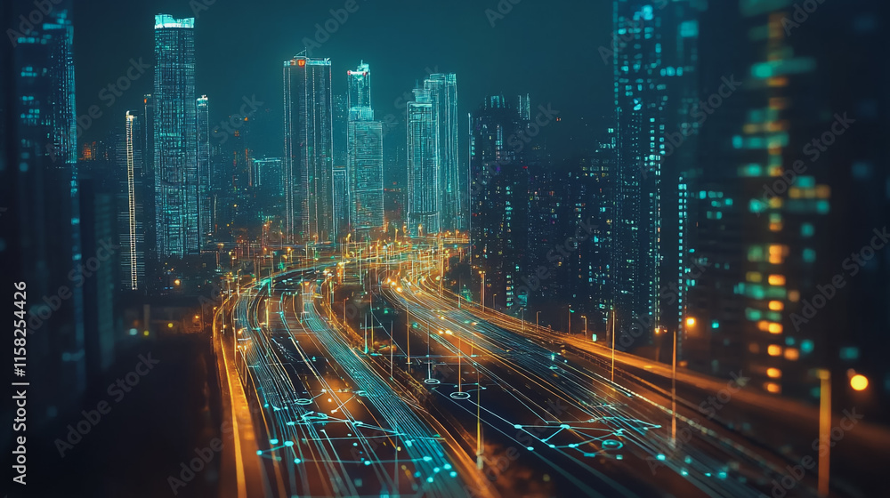 Fototapeta premium Smart Innovation city with connection cyber security network reciprocity over the night cityscape future wireless digital city and social media networking systems that connects people in the city