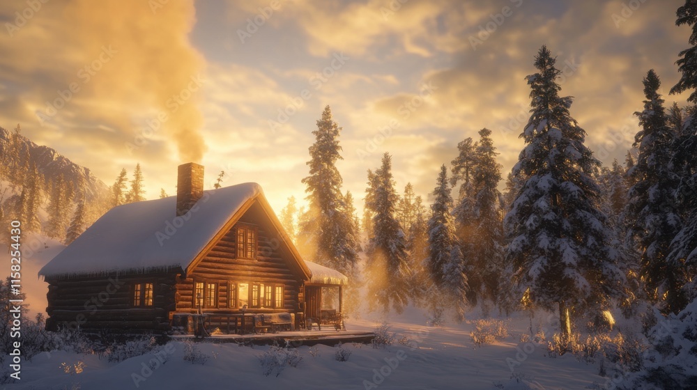 Cozy Cabin at Sunrise Surrounded by Snowy Pines Cozy Cabin at Sunrise Surrounded by Snowy Pines