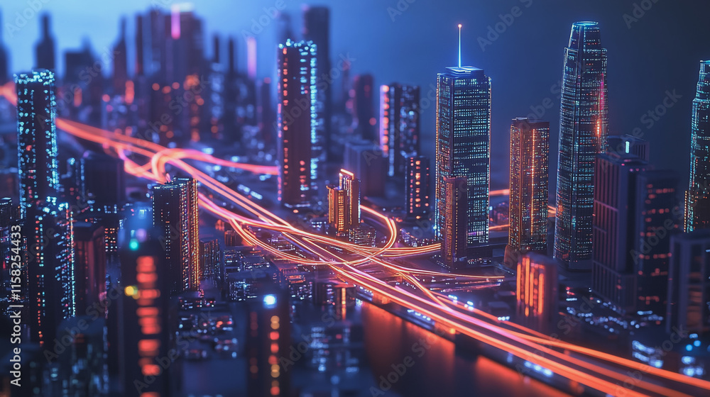 Obraz premium Smart Innovation city with connection cyber security network reciprocity over the night cityscape future wireless digital city and social media networking systems that connects people in the city