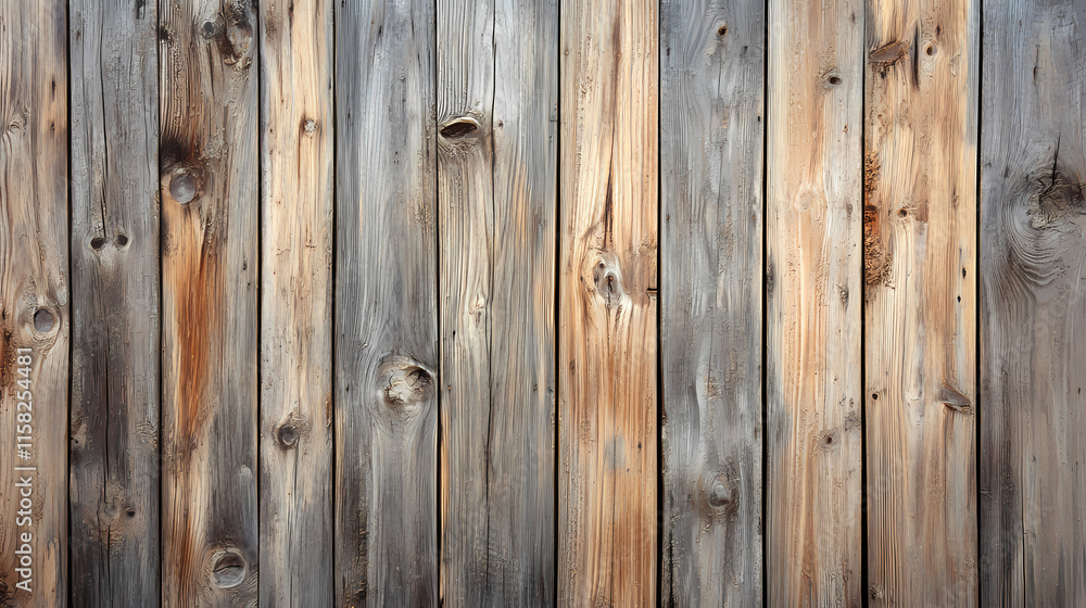 Naklejka premium Rustic Wooden Wall Texture: A close-up shot of a weathered wooden wall, showcasing the natural beauty of aged timber with varying tones of gray and brown.