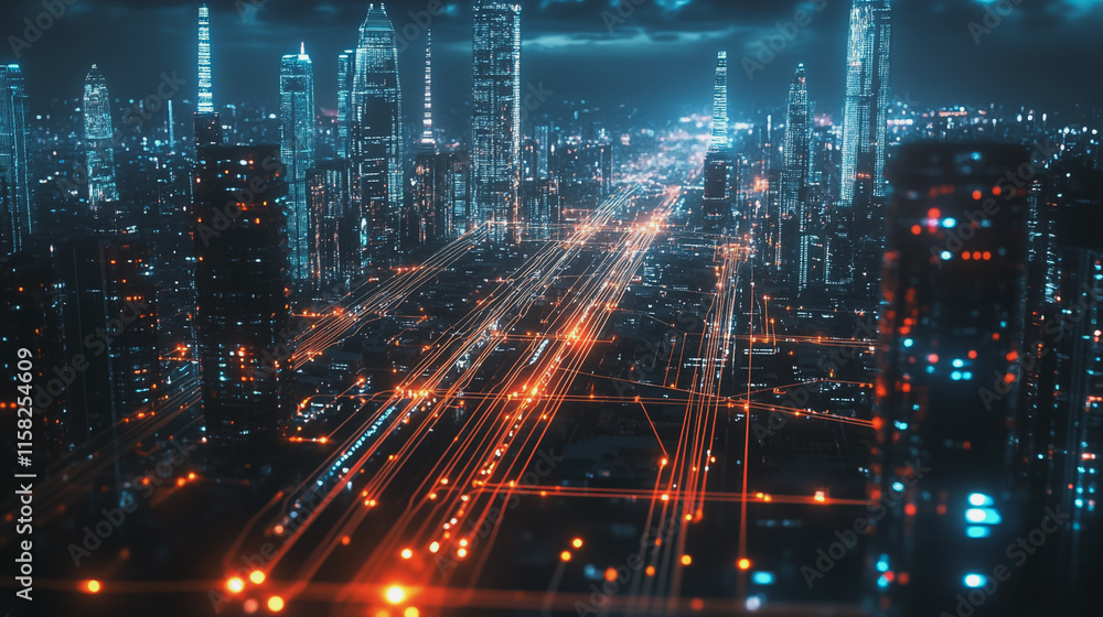 Smart Innovation city with connection cyber security network reciprocity over the night cityscape future wireless digital city and social media networking systems that connects people in the city Smart Innovation city with connection cyber security network reciprocity over the night cityscape future wireless digital city and social media networking systems that connects people in the city