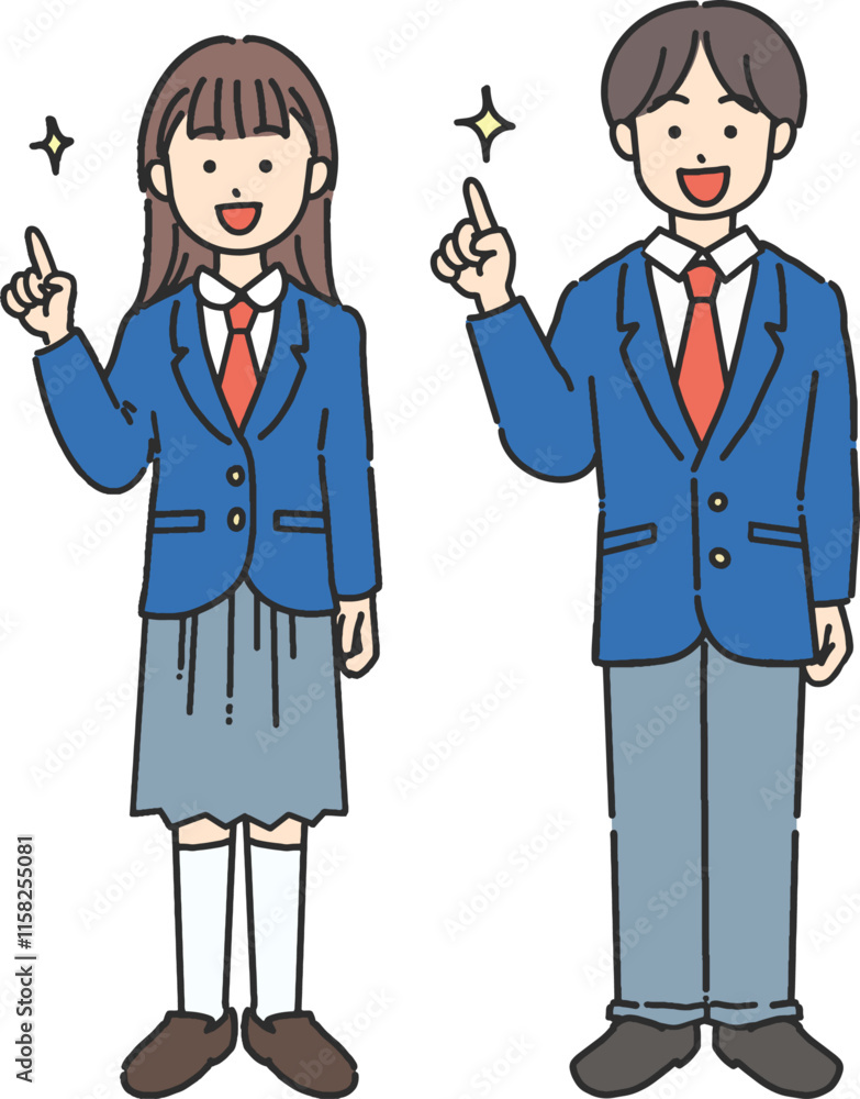 制服を着た男子学生と女子学生が指差しをする全身イラスト 制服を着た男子学生と女子学生が指差しをする全身イラスト