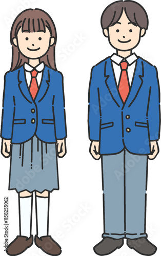 制服を着て微笑む男子学生と女子学生の全身イラスト