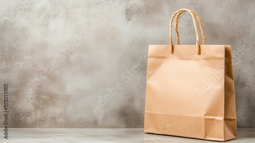 Minimalist ecofriendly shopping bag with a blank logo space, hanging on a plain beige wall