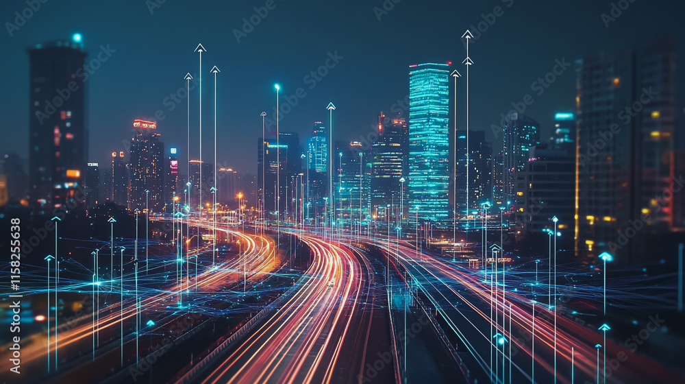 Fototapeta premium Smart Innovation city with connection cyber security network reciprocity over the night cityscape future wireless digital city and social media networking systems that connects people in the city