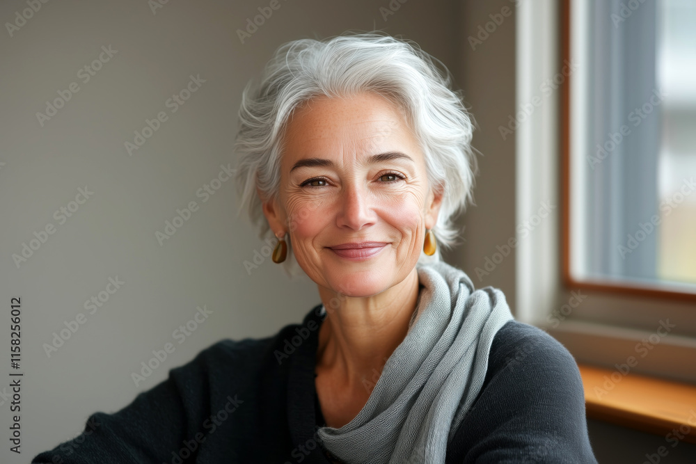Portrait of an Elegant Mature Woman Smiling in Natural Light Near a Window Portrait of an Elegant Mature Woman Smiling in Natural Light Near a Window