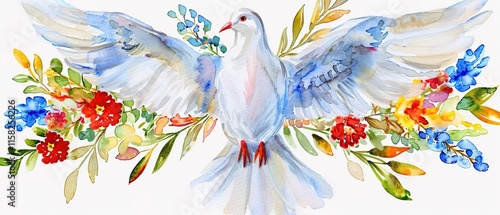 colorful watercolor christian cross with dove of peace isolated on white or transparent