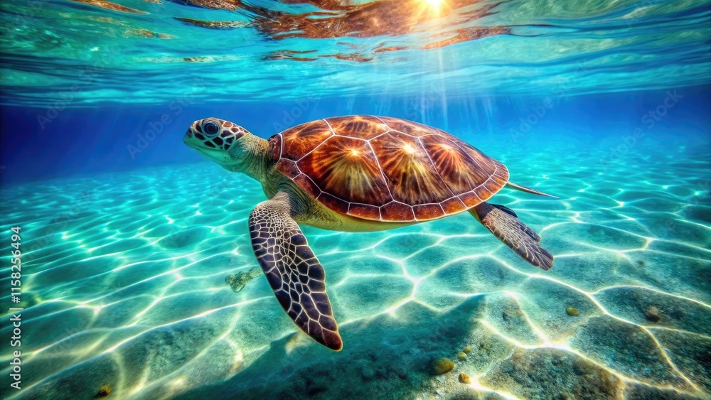 Fototapeta premium Majestic sea turtles gracefully swim, captured by stunning drone footage showcasing underwater wildlife and promoting conservation efforts.