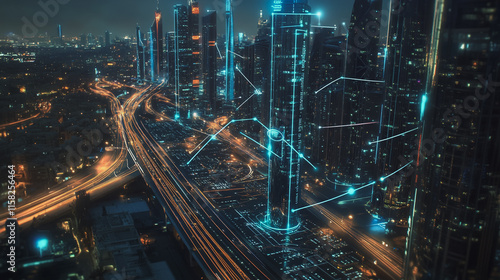 Wallpaper Mural Smart Innovation city with connection cyber security network reciprocity over the night cityscape future wireless digital city and social media networking systems that connects people in the city Torontodigital.ca