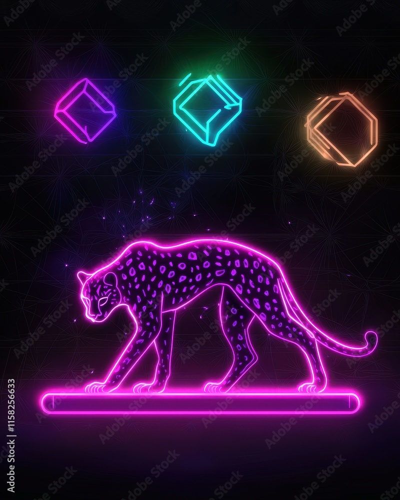 Fototapeta premium A glowing neon cheetah crouched low in a radiant desert, its sleek body glowing in vibrant pink and orange gradients, surrounded by faint swirling light trails and shimmering particles for a 