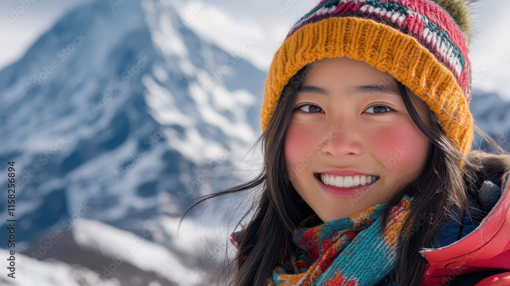 A close-up of a young Sherpa woman with snow-capped mountains in the background A close-up of a young Sherpa woman with snow-capped mountains in the background
