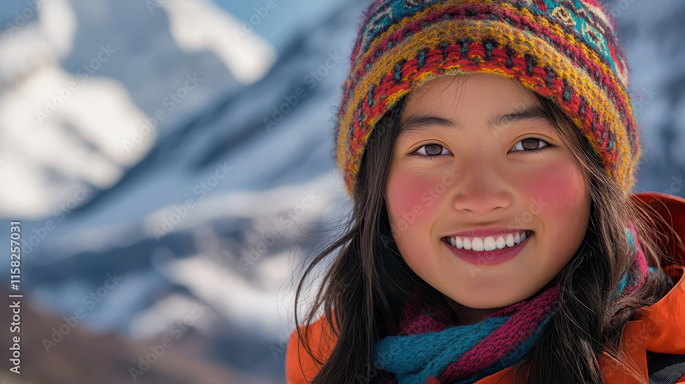 A close-up of a young Sherpa woman with snow-capped mountains in the background A close-up of a young Sherpa woman with snow-capped mountains in the background