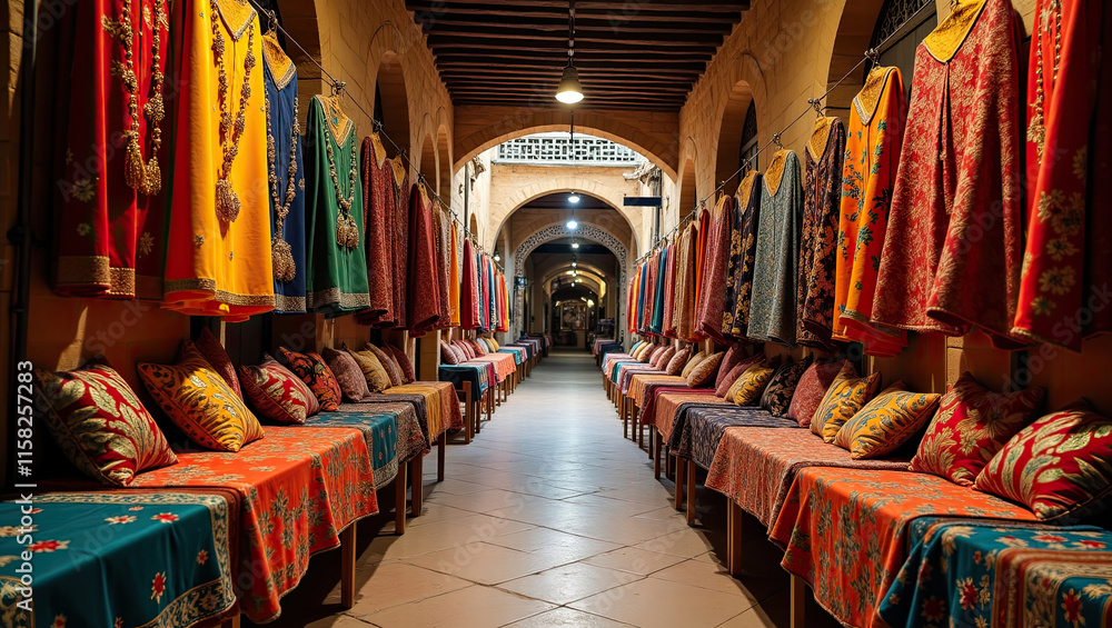 Obraz premium Unique pattern of traditional fabric on a display with traditional market background