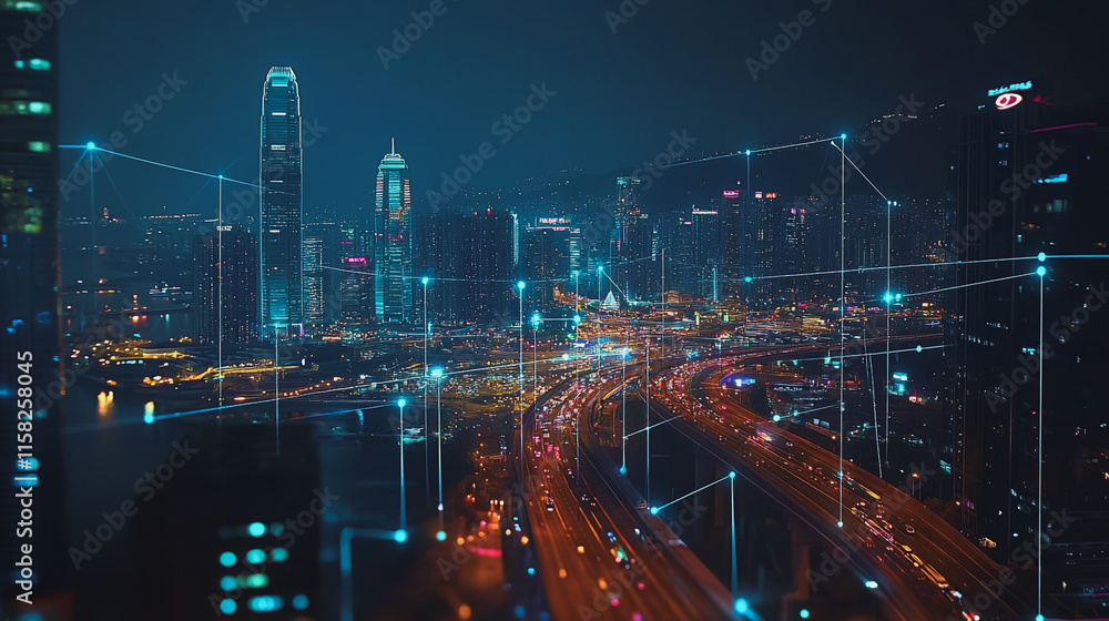 Smart Innovation city with connection cyber security network reciprocity over the night cityscape future wireless digital city and social media networking systems that connects people in the city Smart Innovation city with connection cyber security network reciprocity over the night cityscape future wireless digital city and social media networking systems that connects people in the city