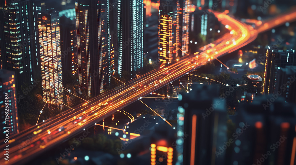 Obraz premium Smart Innovation city with connection cyber security network reciprocity over the night cityscape future wireless digital city and social media networking systems that connects people in the city