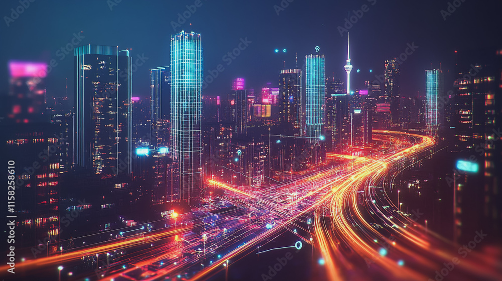 Smart Innovation city with connection cyber security network reciprocity over the night cityscape future wireless digital city and social media networking systems that connects people in the city Smart Innovation city with connection cyber security network reciprocity over the night cityscape future wireless digital city and social media networking systems that connects people in the city