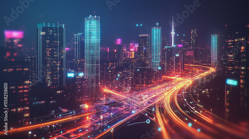 Smart Innovation city with connection cyber security network reciprocity over the night cityscape future wireless digital city and social media networking systems that connects people in the city