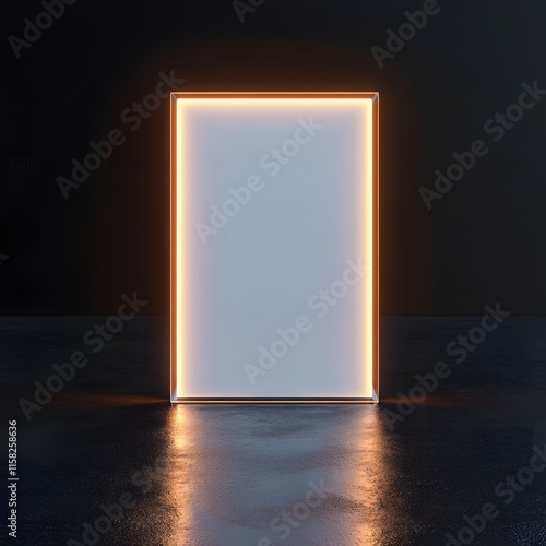  This 3D rendering showcases a blank white poster mockup in an illuminated glass holder, providing a clear transparent acrylic sinage mockup with a glowing panel on a black background, Generative Ai photo