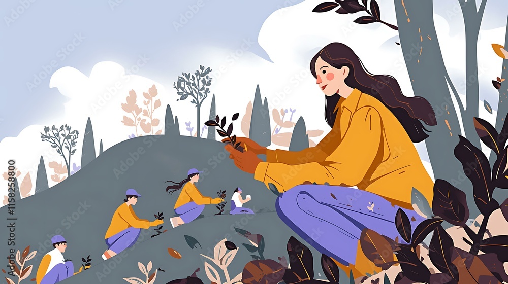 Fototapeta premium Minimal flat design of a forest conservation project with volunteers planting saplings