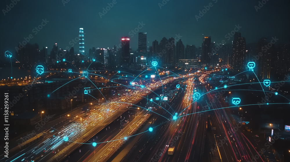 Fototapeta premium Smart Innovation city with connection cyber security network reciprocity over the night cityscape future wireless digital city and social media networking systems that connects people in the city