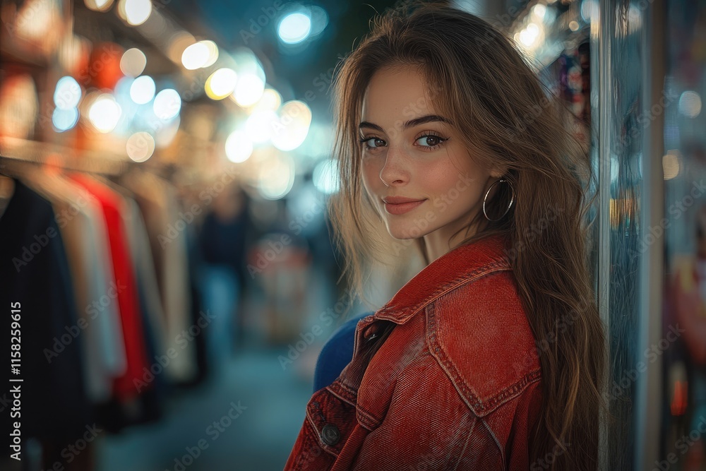 Obraz premium Fashionable young woman posing in a night market with bokeh lights