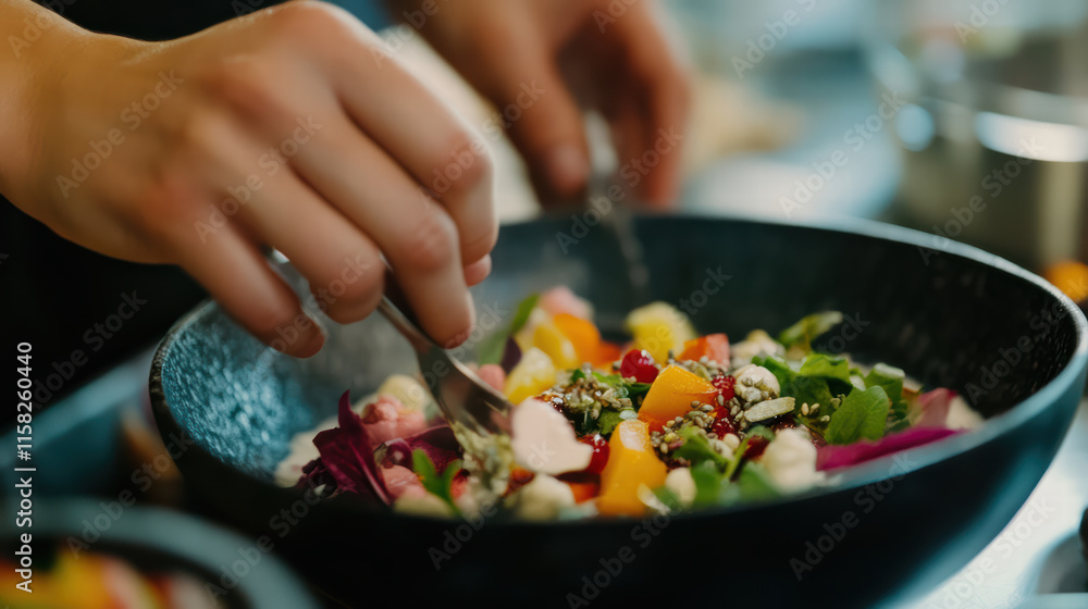 Fresh ingredients are artfully arranged in vibrant salad bowl, showcasing chef hands skillfully preparing colorful dish with precision and care Fresh ingredients are artfully arranged in vibrant salad bowl, showcasing chef hands skillfully preparing colorful dish with precision and care
