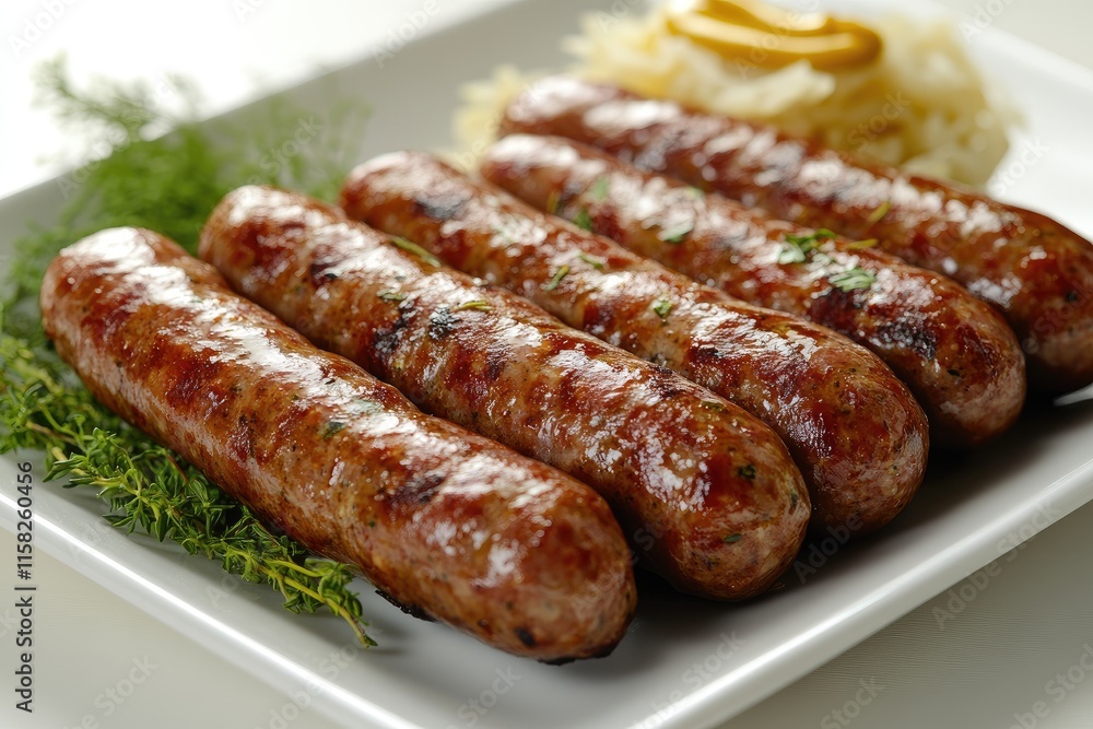 Grilled sausages served on white plate with mashed potatoes and mustard Grilled sausages served on white plate with mashed potatoes and mustard