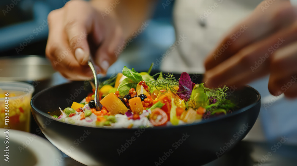 Fresh ingredients are being skillfully mixed in bowl, showcasing vibrant colors and textures. chef hands delicately combine fruits, vegetables, and herbs, creating visually appealing dish Fresh ingredients are being skillfully mixed in bowl, showcasing vibrant colors and textures. chef hands delicately combine fruits, vegetables, and herbs, creating visually appealing dish