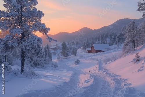 Snowy path leading to cozy red house in winter wonderland at sunset photo