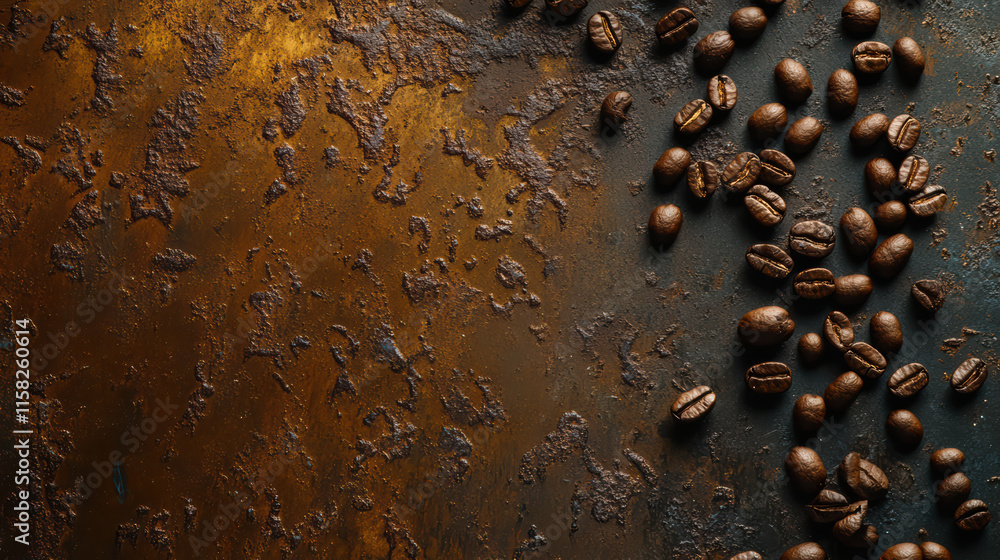 Aromatic roasted coffee beans scattered on textured surface create rich, inviting scene. deep colors and natural patterns enhance coffee allure and warmth Aromatic roasted coffee beans scattered on textured surface create rich, inviting scene. deep colors and natural patterns enhance coffee allure and warmth