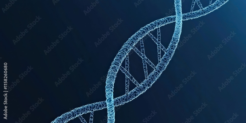 DNA analysis identification concept. DNA helix structure with glowing blue particles on a dark background. DNA analysis identification concept. DNA helix structure with glowing blue particles on a dark background.