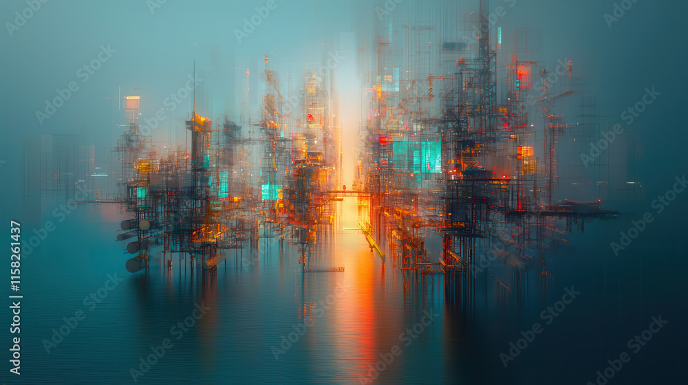 Obraz premium vibrant cityscape with abstract oil rigs and glowing lights reflecting on water. scene evokes sense of innovation and energy