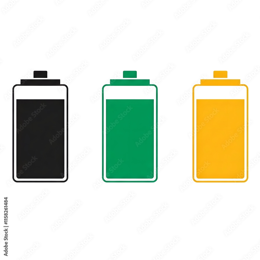 set of battery, Battery Flat Icon in Black, Yellow, and Green set of battery, Battery Flat Icon in Black, Yellow, and Green