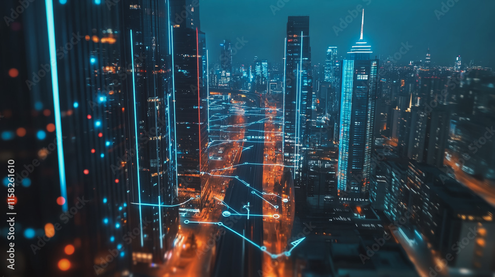 Smart Innovation city with connection cyber security network reciprocity over the night cityscape future wireless digital city and social media networking systems that connects people in the city Smart Innovation city with connection cyber security network reciprocity over the night cityscape future wireless digital city and social media networking systems that connects people in the city