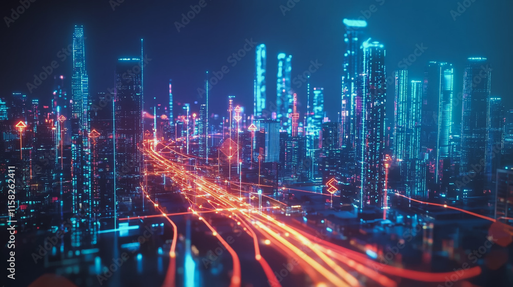Smart Innovation city with connection cyber security network reciprocity over the night cityscape future wireless digital city and social media networking systems that connects people in the city Smart Innovation city with connection cyber security network reciprocity over the night cityscape future wireless digital city and social media networking systems that connects people in the city