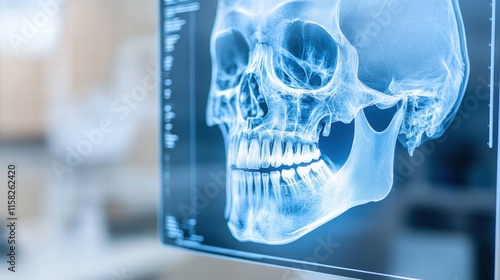This X-ray image highlights the intricate bone structure of the human skull, focusing on teeth alignment and craniofacial anatomy. Ideal for medical studies and diagnostic references. 
