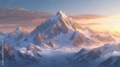 A cinematic photograph of the K2 mountain in snow, at sunrise, with an epic view, ultra-realistic in style