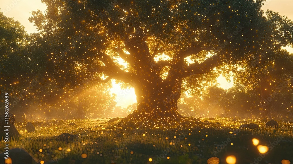 Magical sunset illuminating ancient tree in mystical forest. Magical sunset illuminating ancient tree in mystical forest.
